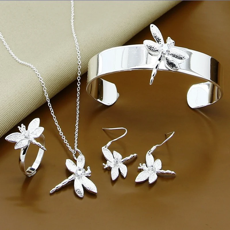 

New Fashion Jewelry Sets 925 Silver Insect Dragonfly Necklace Bangle Earrings Rings Sets for Wedding Jewelry
