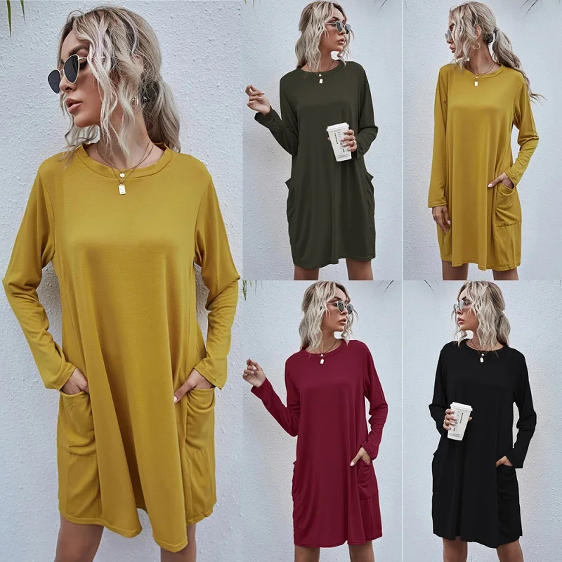 

Women Vintage Fashion Pockets Dress Casual Loose O Neck Long Sleeve Solid Color Dress Lady Spring Autumn New A-Line Short Dress