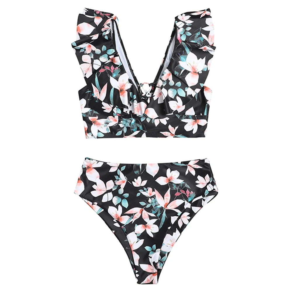 

High Waist Ruffled Bikini Set 2021 Sexy Flounce Biquini Swimwear Women Two Pieces Swimsuit Floral Beachwear V-neck Bathing Suit