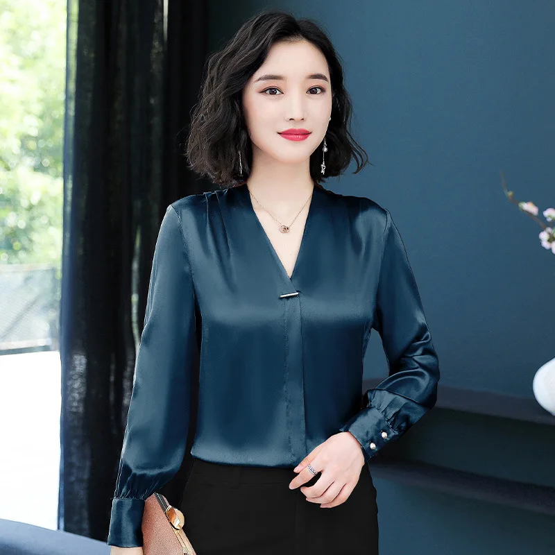 Стильная женская длинная шелковая рубашка французский элегантный стиль