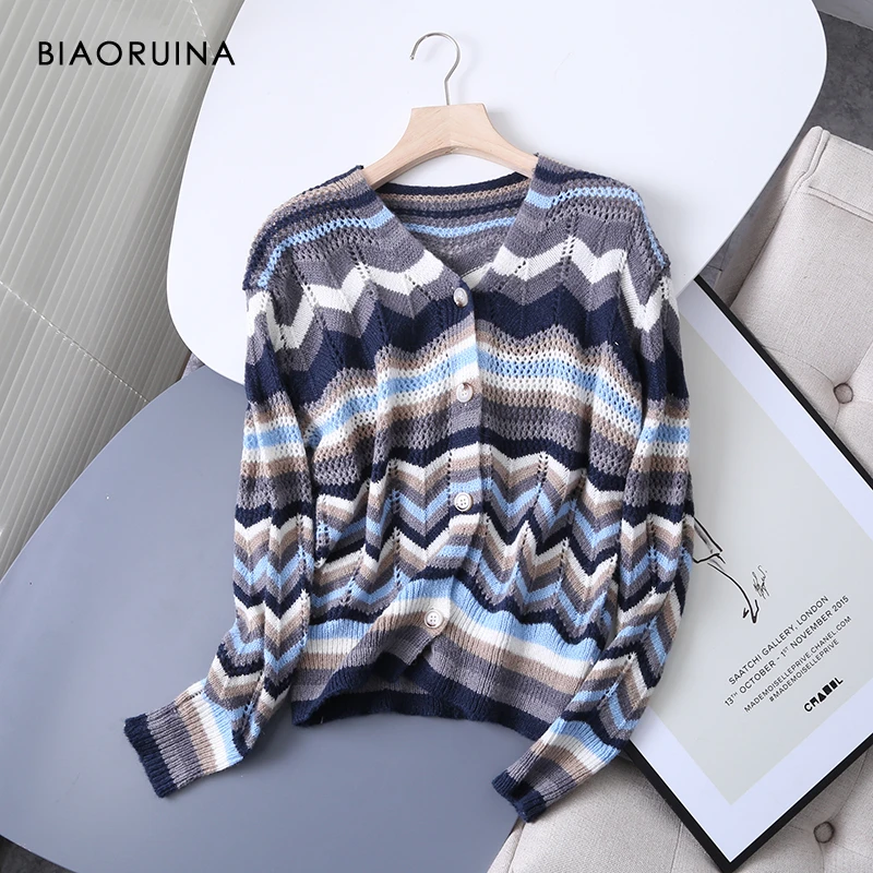 

BIAORUINA Women's Hollow Out Striped Wave Jacquard Single Breasted V-neck Loose Fashion Knit Cardigan Casual Sweater One Size