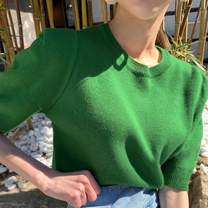 

Korean Chic Summer Versatile Round Neck Pullover Loose Thin Casual Bubble Sleeve T-shirt for Women