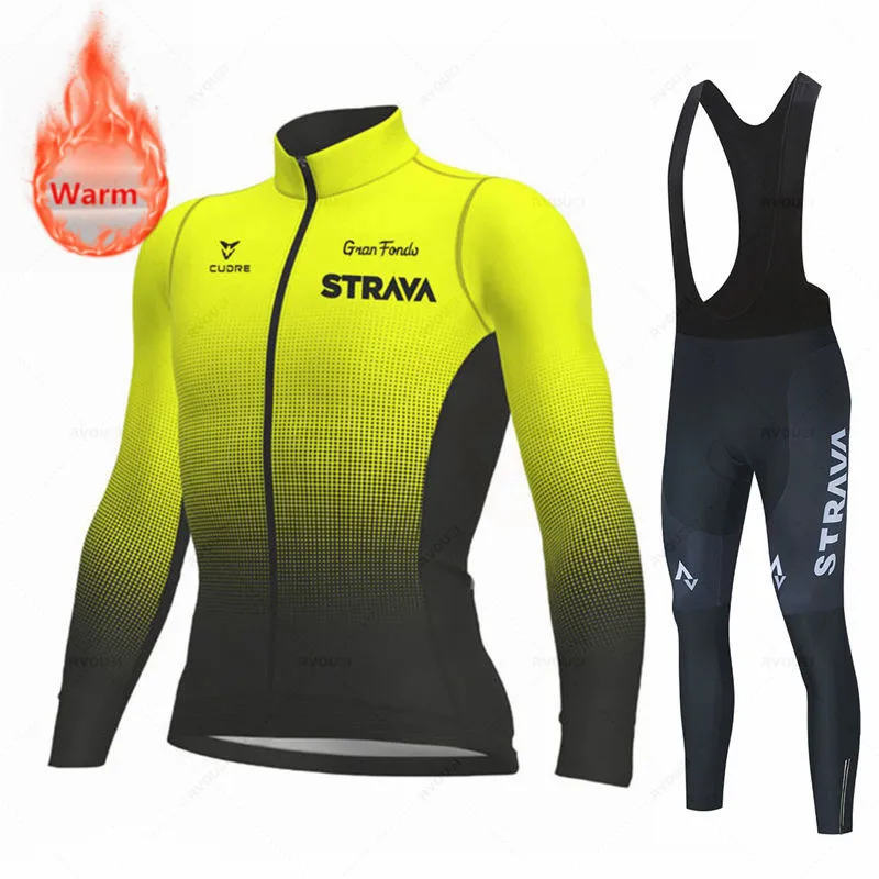 

Fluorescent Yellow 2022 Strava Team Winter Thermal Fleece Cycling Jersey Bike Pants Set Mens Ropa Ciclismo 19D Bicycling Maillot