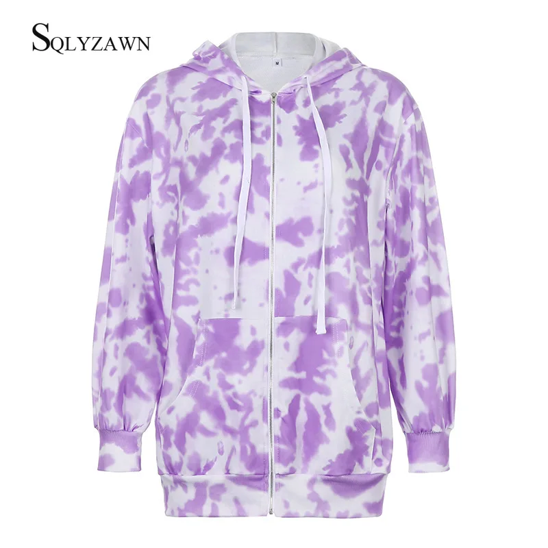 

Tie Dye Coat Women Hooded Jacket Autum New Zipper Drawstring Sweatshirt Loose Fashion Sweetwear Pockets Loose Style Jacket Coats