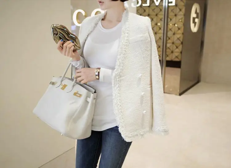 

high quality Women Wool Tweed velvet Coat New Arrived Top Quality Simple Sexy Slim Thin Cotton pearl Tassel OL Ladies jacket