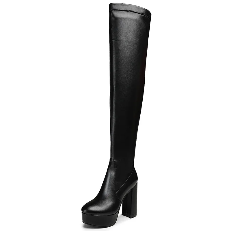 

Large fall winter 2020 new knee boots high heel round head black suede women's Boots