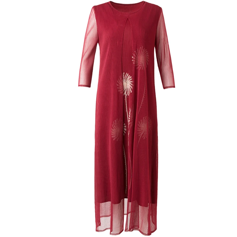 

Woman Dress Plus Size For Female 45-75kg Autumn Round neck Three Quarter Sleeve Loose Faux Two Piece Red Dress