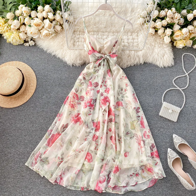 

Print Floral Beach Style Dress V Neck High Waist Sexy Vestido Bohemian Bandage Elegant Summer 2020 Dresses Women 14286