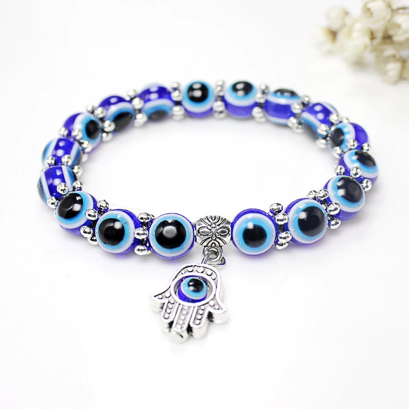 

Sale Silver Color Blue Evil Eye Hamsa Hand Fatima Palm Bracelets for Women Beads Chain Vintage Jewelry Female Gifts