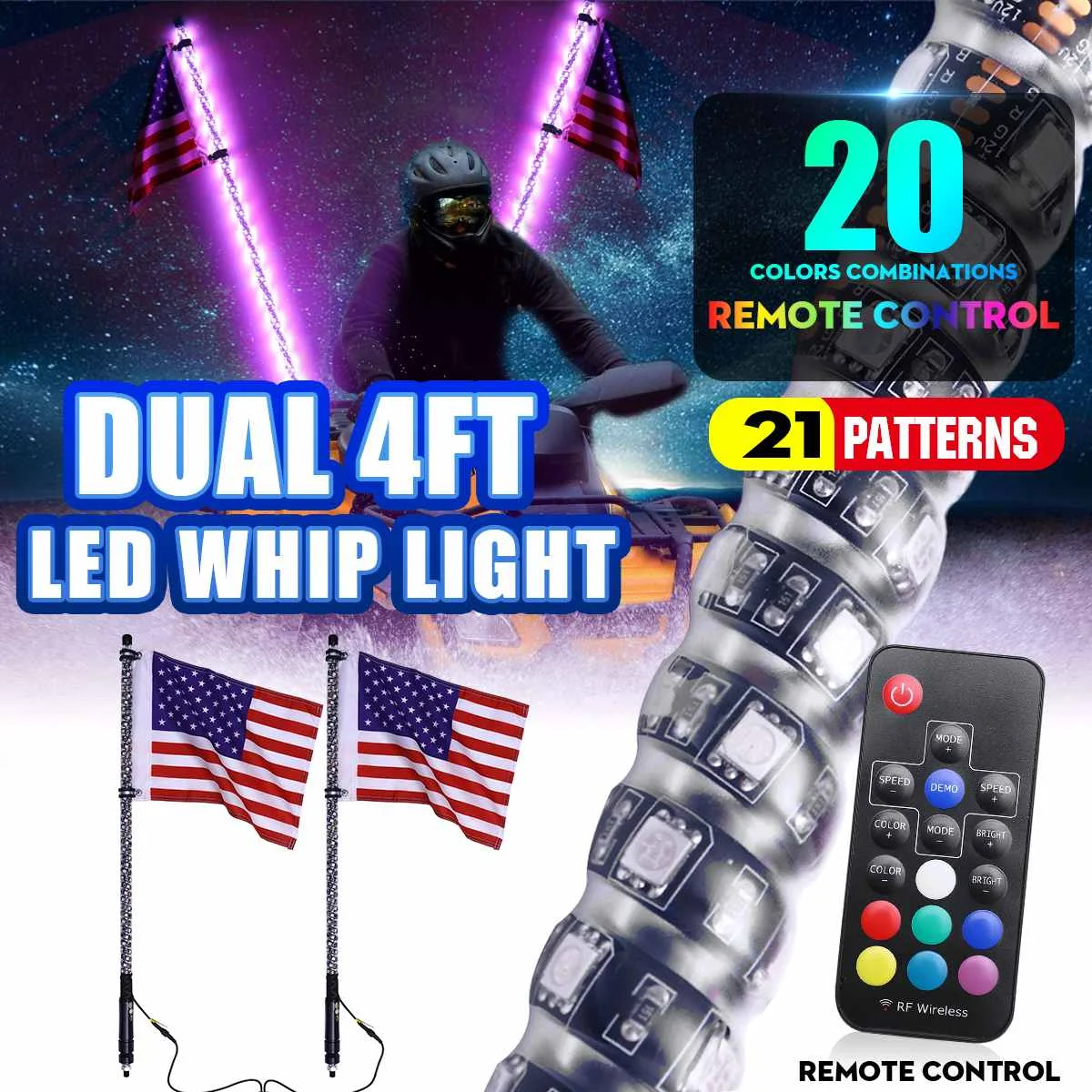 

NEW 1 Pair 4/5FT RGB Whip Light with Base Waterproof Bendable Wireless Remote Control Flagpole LED Lamp Light DC12V+America Flag