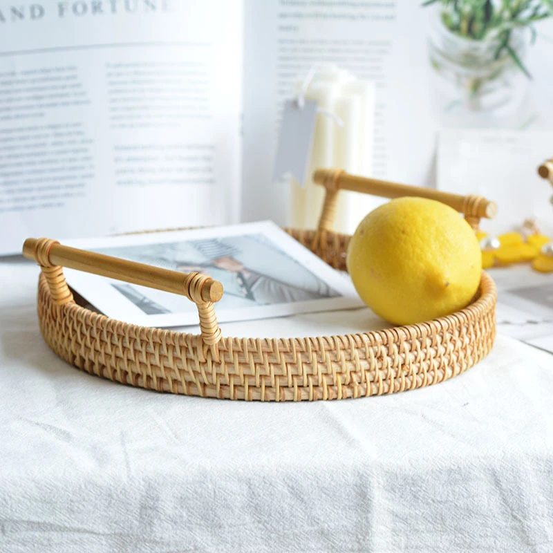 

Ins Style Tray Rattan Woven Japanese Handmade Double Handle Wooden Storage Fruit Basket Bread Gourmet Food Props Panier Osier