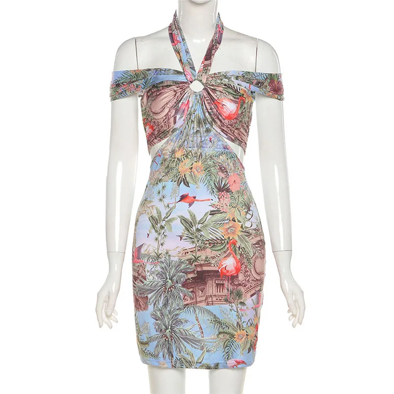 

Summer Women Sexy Halter Hollow Out Bandage Dress Outfits Y2k Party Club One Shoulder Stitching Backless Mini Bodycon Dresses