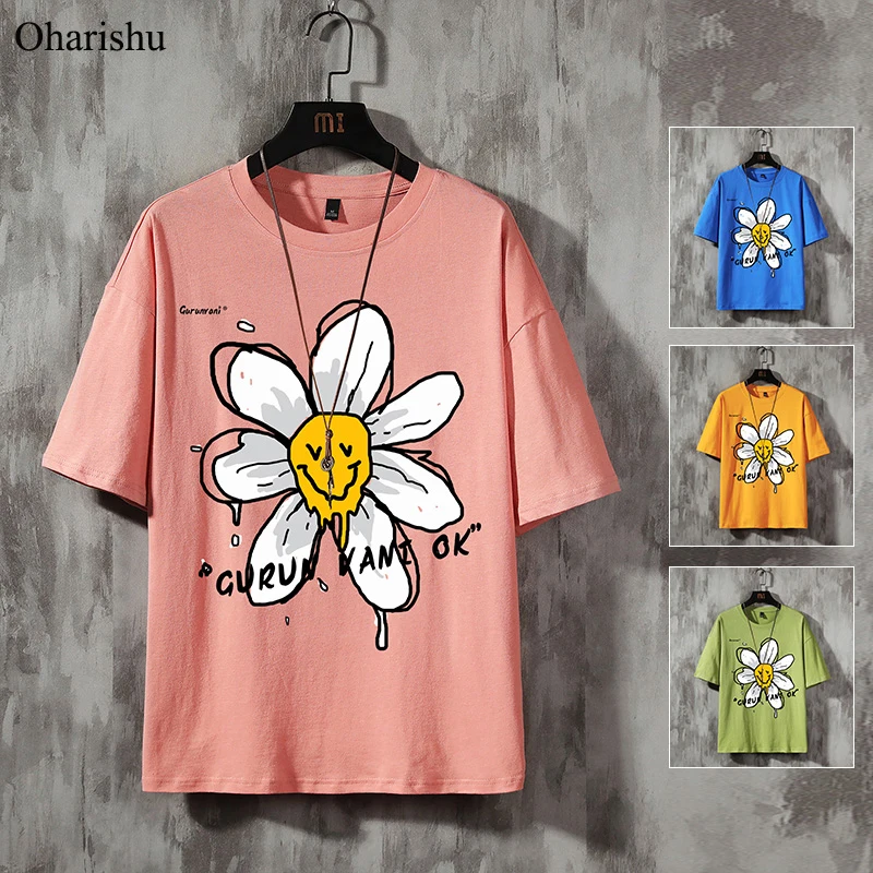 

Fashion Smile Flower Print T Shirt Men Casual Streetwear Short Sleeve Top Tees Men Hip Hop Summer Harajuku T Shirts Male M-5XL