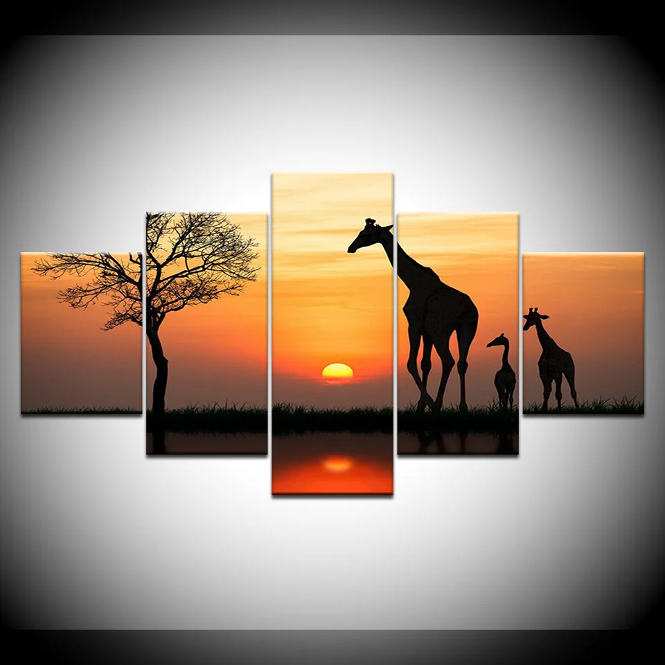 Абстрактные фото обои с рамкой картины 5 панелей Жирафы стена закат пейзаж для