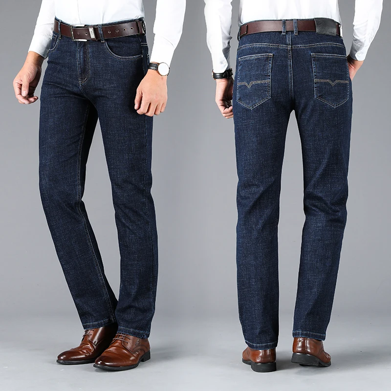 

2020 Autumn and Winter Men's Thick Jeans Business Casual Straight Denim Stretch Trousers Black Blue Brand Pants