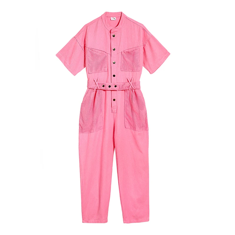 Розовые белые черные джинсы сетчатый карман стоячий воротник короткий рукав