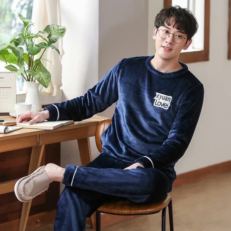 Мужской пижамный комплект на осень и зиму теплые фланелевые утолщенные Мужские