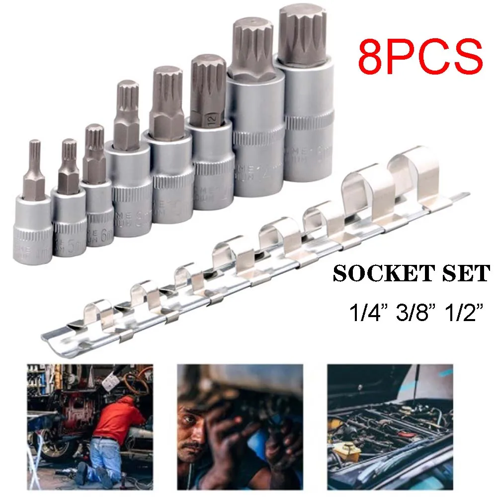 

8 шт. тройной квадрат Сплайн Бит Набор торцевых головок с инструмент чехол Портативный с защитой от несанкционированного вскрытия гайки зат...