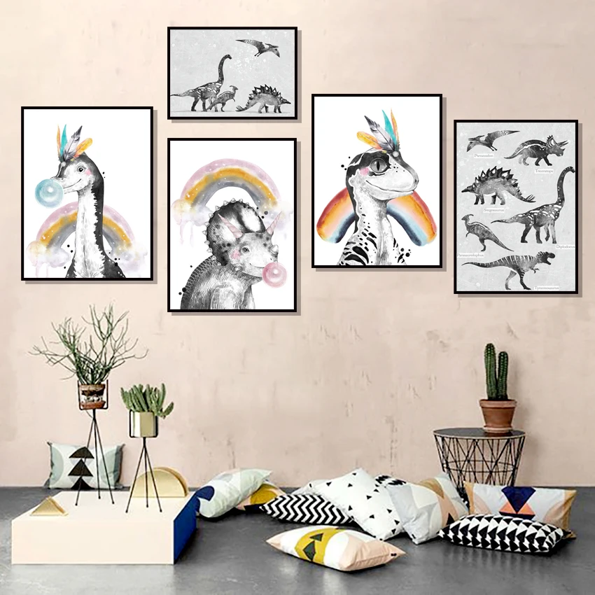 

Rainbow Feather Baby Dinosaur Graph Wall Art Canvas Painting Nordic Posters And Prints Wall Pictures For Kids Room Bedroom Decor