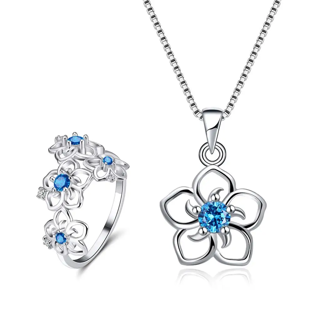 Blue Zircon Effie queen 925 пробы серебряные ожерелья кольца Ювелирные наборы для женщин AAA цветок с Цирконом Форма вечерние Ювелирные наборы TSS24 - Цвет камня: Blue Zircon
