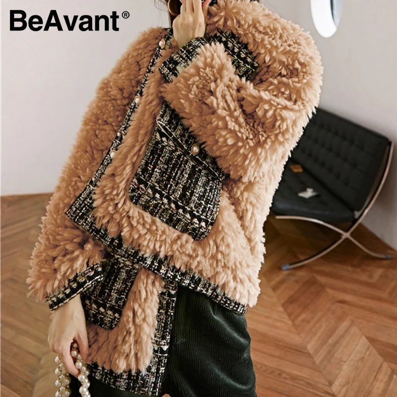

BeAvant Elegant light orange autumn winter fur coat Split v-neck pocket women overcoat Vintage pearl button female fur coat