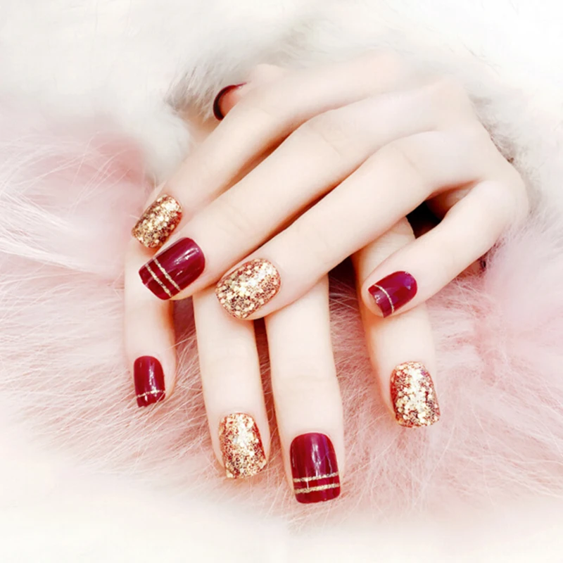 24 шт. Свадебные винно красные блестящие накладные ногти для невесты Модные