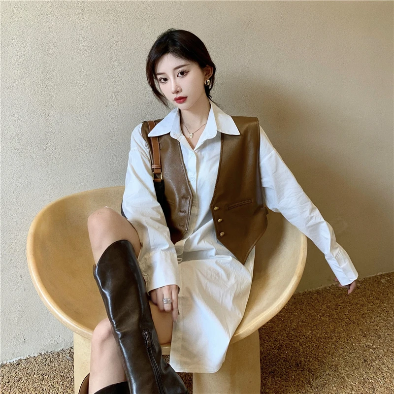 

Новинка 2021, однотонный тонкий кардиган с V-образным вырезом, жилет из искусственной кожи со складками в стиле ретро, короткий топ, Женский ши...