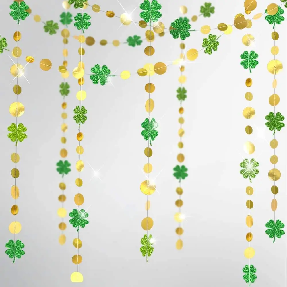 

13Ft Gold Circle Dots Irish Shamrock Clover Garland for Lucky St Patrick's Day Decorations Spring Party Green Leaf Hanging Decor