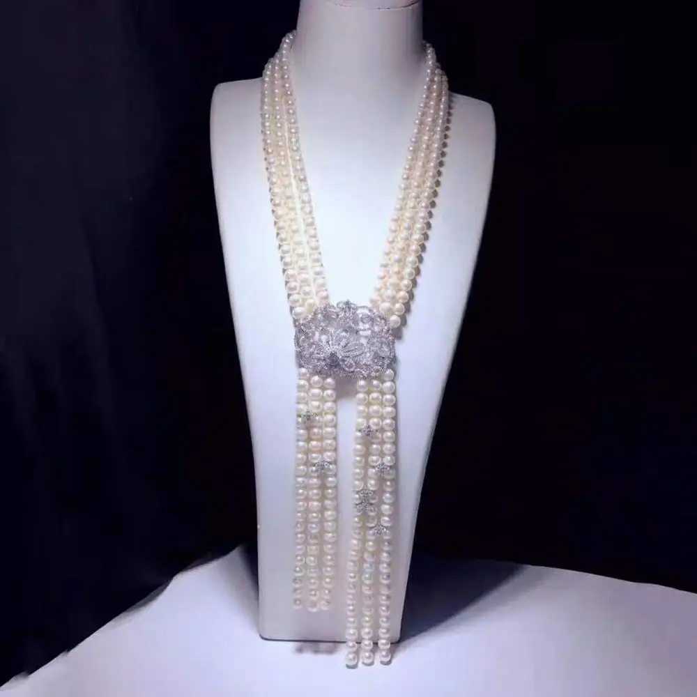 

Ожерелье ручной работы с узлом, 3 ряда, 7-8 мм, белый пресноводный жемчуг, инкрустация микро цирконием, аксессуары, длинное ожерелье 60-65 см