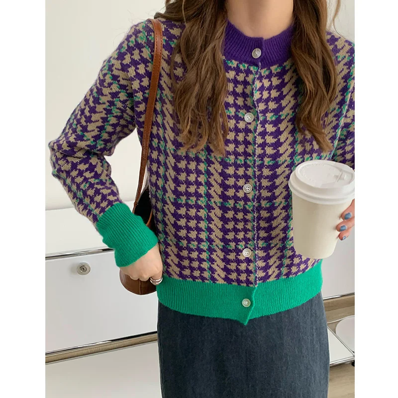 

@YYDS Autumn Casual Women Purple Knitted Cardigan Plaid Checker Patchwork Slim Sweater Coat
