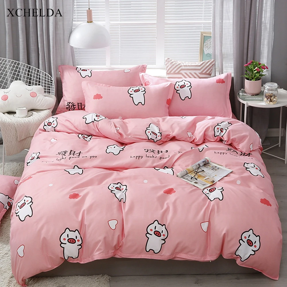 Duvet Cover Set Double Queen King Pink Kawaii Pig Bedspread Adult Single Bed sheet Pillowcases Bedding set Family | Дом и сад