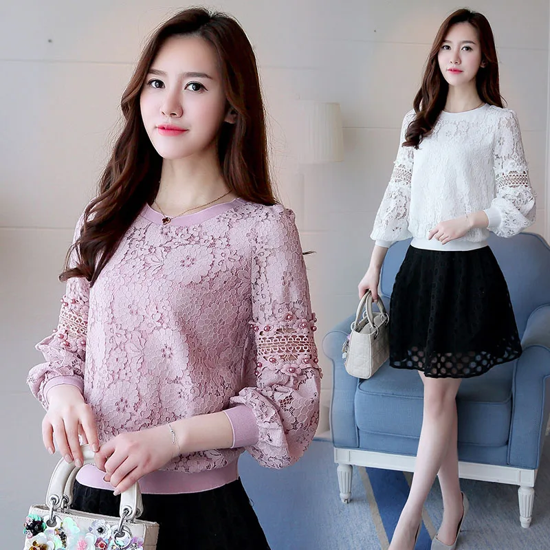 

2021 Spring Autumn Women Long Lantern Sleeve Lace Blouses Lady Casual O-Neck Shirts Lace Hollow Out Tops Feminine Blusas