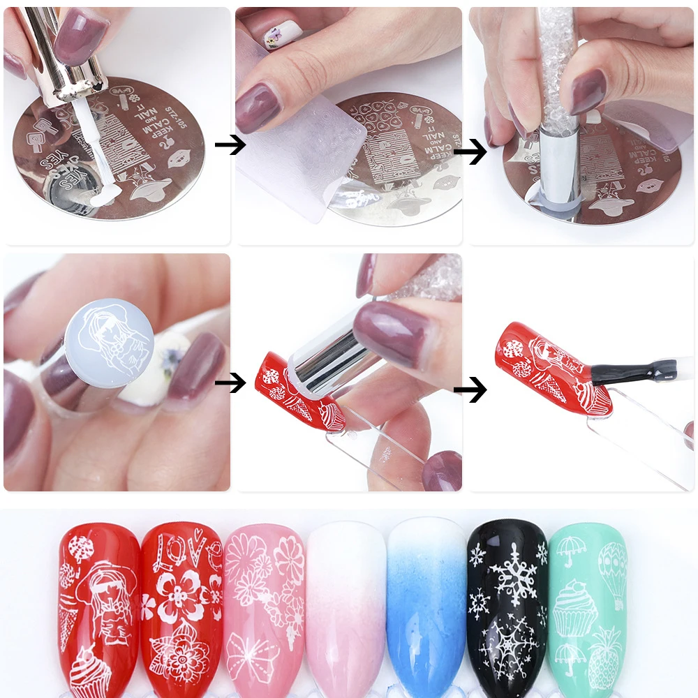 New Double-end Nail Stamper Stamping Plate Set Crystal Handle Jelly Silicone Art Stamp Image Stencil Tools with Cap | Красота и