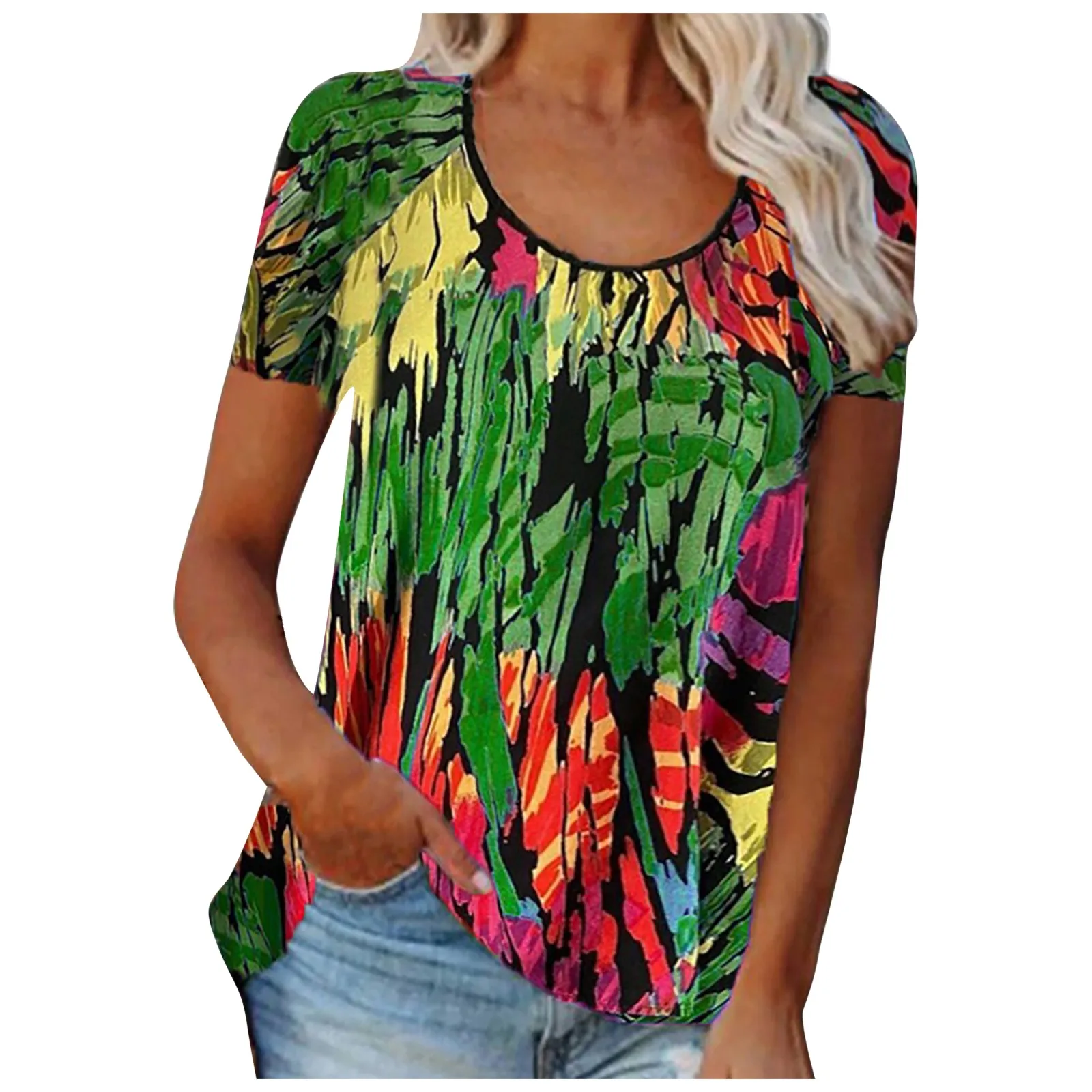 Женская туника с круглым вырезом фиолетовая блузка коротким рукавом и цветочным