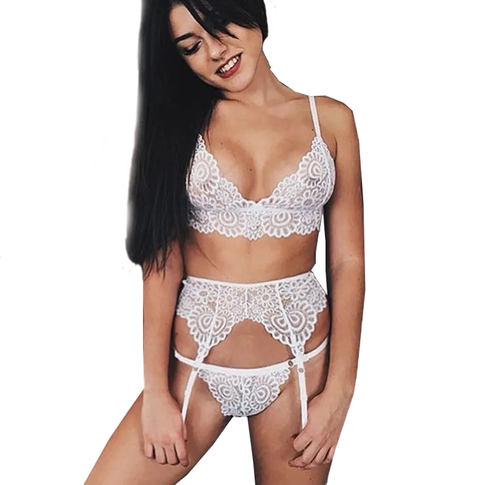 

3 Pieces Lace Lingerie Sexy Erotic Intimates Bra Panty G-string Garter Belt Set Hot Sexy Transparent Lingerie Brief Sets