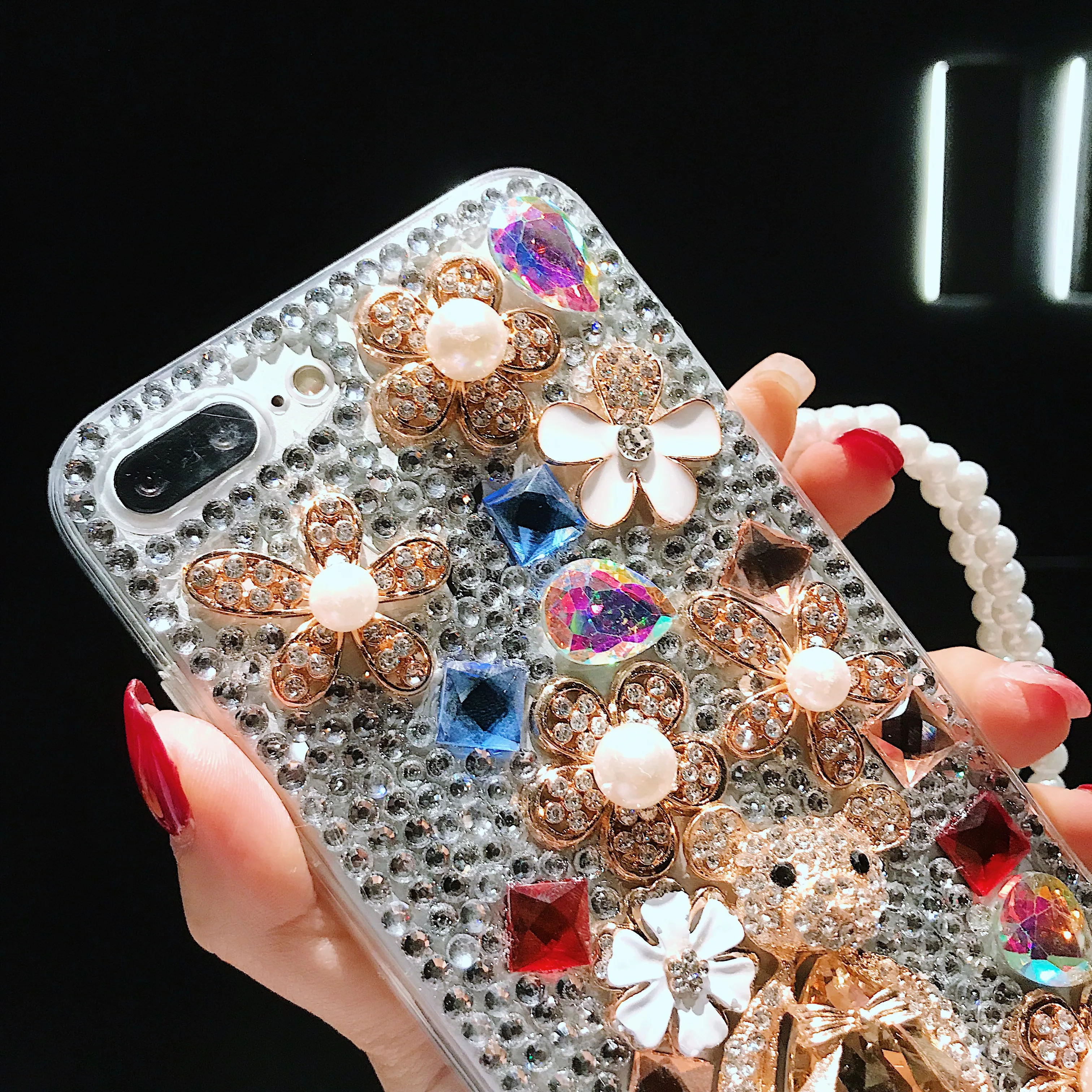 

Luxury crystal diamond pearl flower bear Case For iphone 12 mini X Xr XS 11 pro Max 7 8 plus Back cover