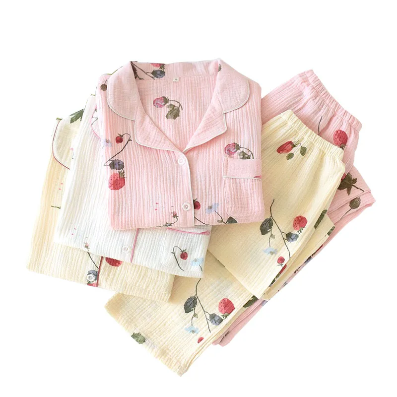 Весенняя новинка Женский пижамный комплект с принтом клубники Дамская новая