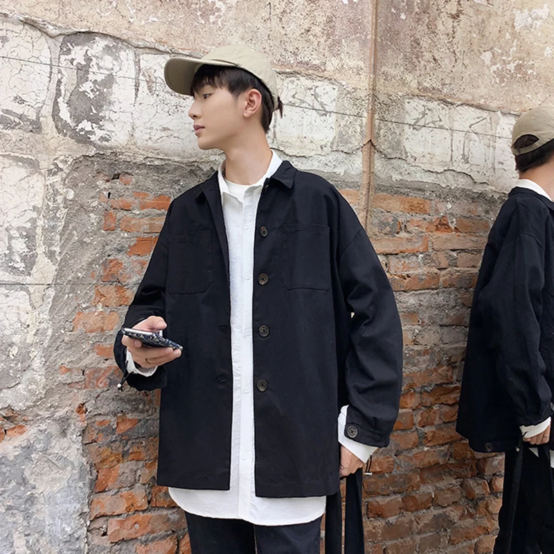 

Jackets Men Turn-down Collar Retro Coat All-match Loose Tooling Outwear Korean Style Single Breasted Casual Top Male New Arrival