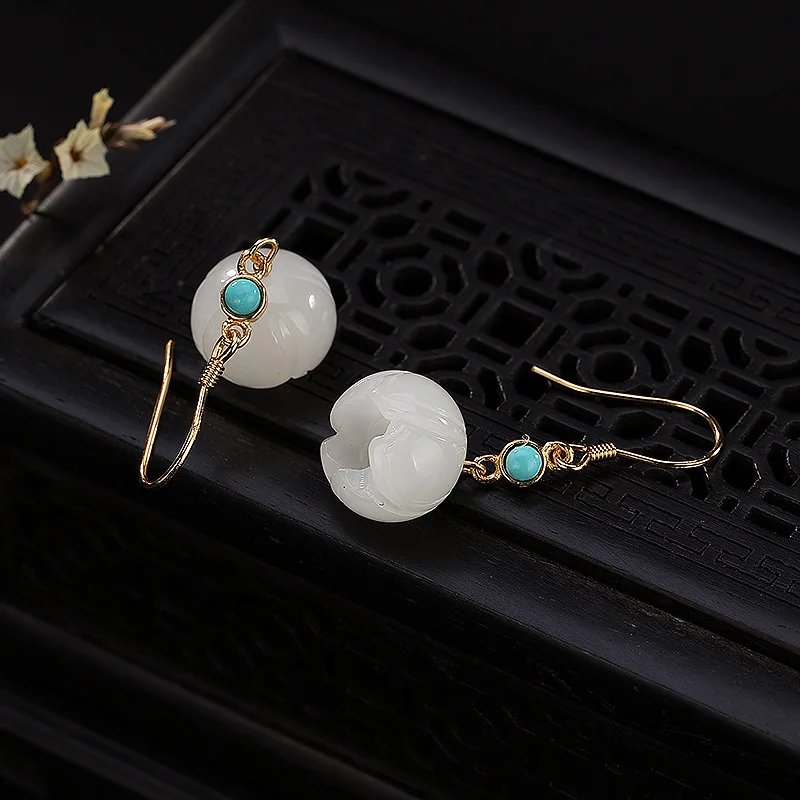 YIHUGMBO Real S925 Natural Gemstone Dangle Earrings for Women Hetian Jade Flower Pendant Elegant Wedding Silver Earring Jewelry | Украшения