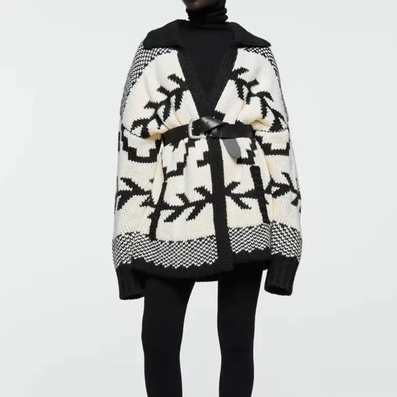 

Women's Cardigan Sweater Vintage Knit Tops Patchwork Long Sleeve Knitted Jacket Casual Loose Elegant Jumper Woman Knitwear TRF