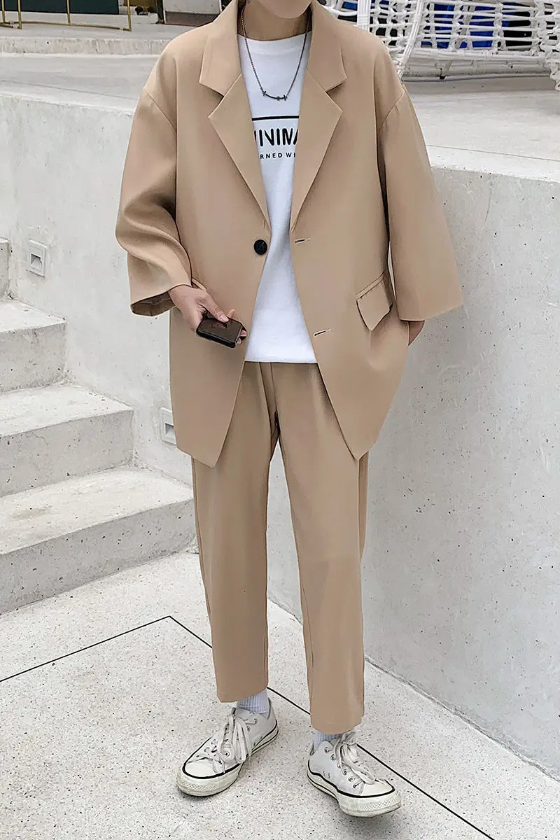 

2021 Spring And Autumn New Youth Popular Men's Loose Simple Solid Color Three-quarter Sleeve Suit Trousers Fashion Casual Suit