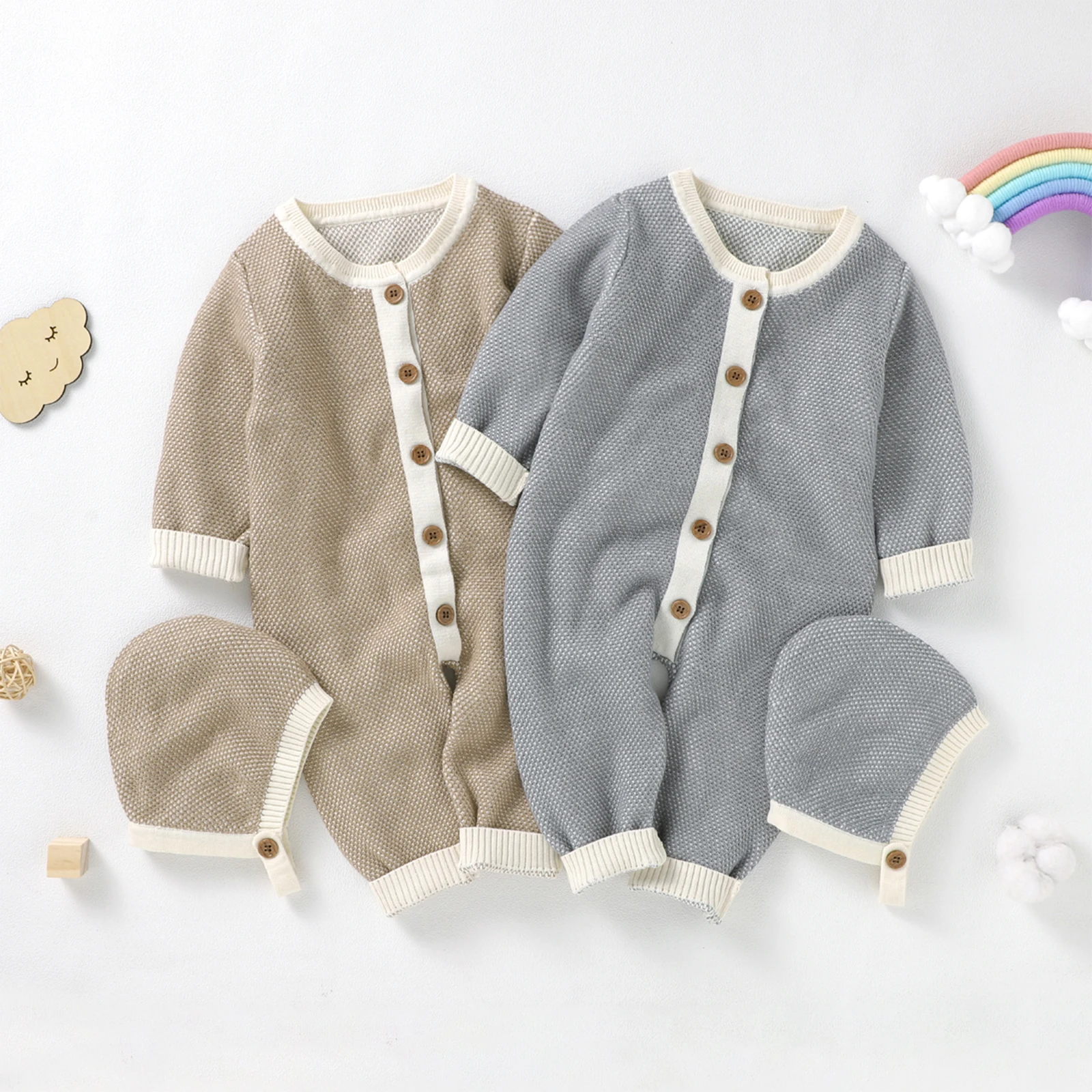 

2 шт., Осенний Вязаный комбинезон с длинным рукавом и пуговицами