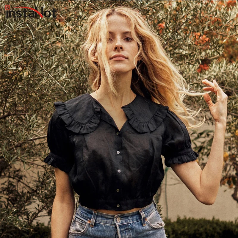 Женская блузка InstaHot черная/белая Повседневная Блузка с коротким рукавом и