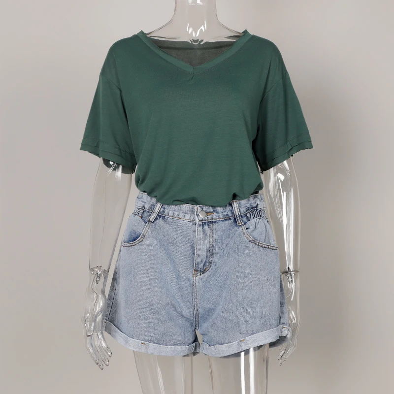 Женская свободная футболка с v-образным вырезом однотонная повседневная женская