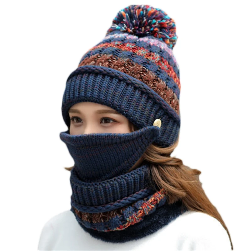 

2021 New Women Winter 3Pcs Striped Knit Pompom Beanie Hat Plush Lined Scarf Face Mask Set