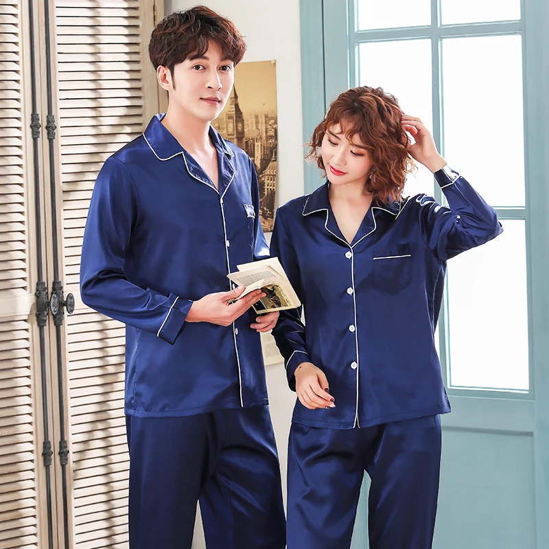 Housecoat Couple Silk Satin Pajamas Pyjamas Set Long Sleeve Sleepwear Relax Fit Suit Women Man Sleep 2PCS Set Luxury Loungewear
