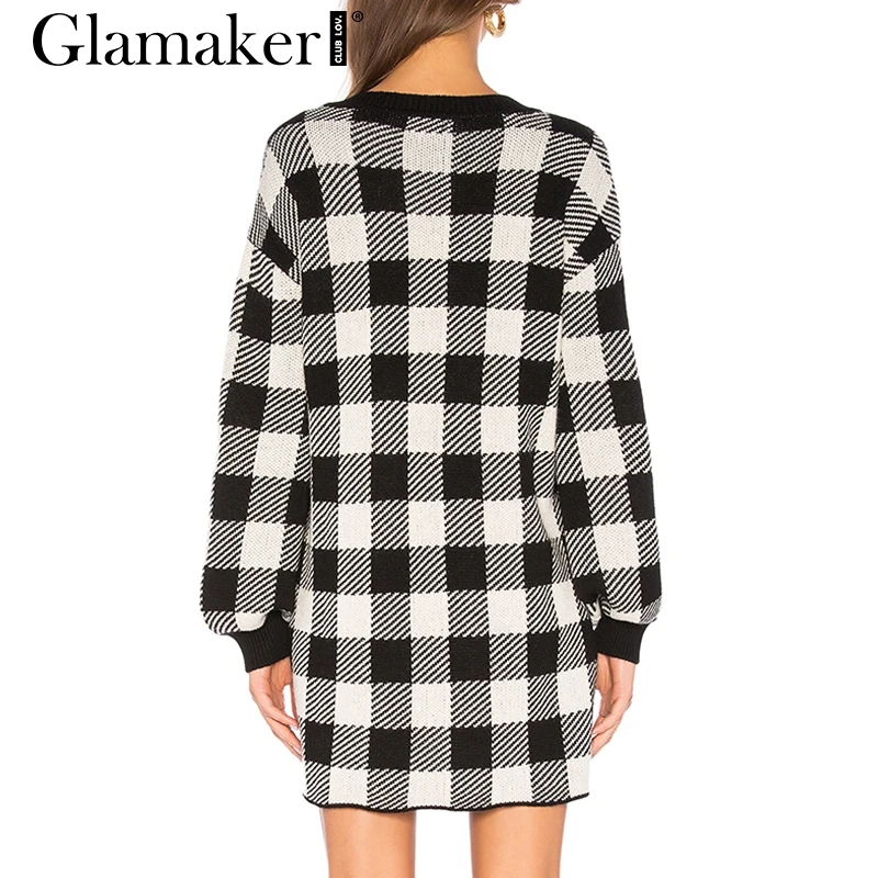 Glamaker вязаное клетчатое мини-платье с длинными рукавами и фонариками женское Элегантное повседневное облегающее платье Осенняя коллекция зимнее винтажное офисное женское платье