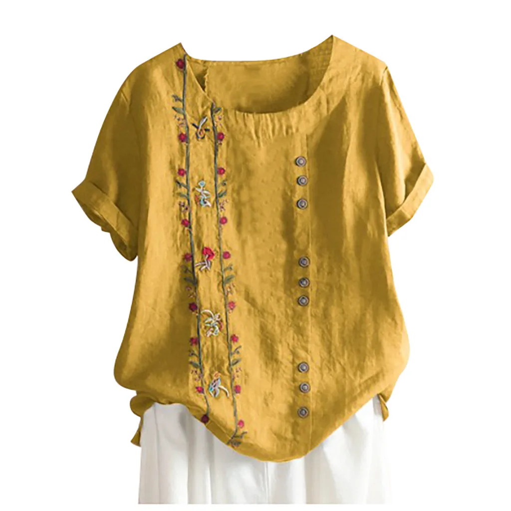 @ Plus Size M-5xl Summer Women Blouse Linen Bohemian Floral Embroidered Loose Tops Short Sleeves Blusas Mujer | Женская одежда