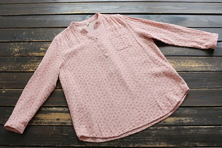 

6653 New autumn Women Blouse Korea Style Literary Cotton Print Shirt Casual V-Neck Long Sleeve Pullover Tops Women