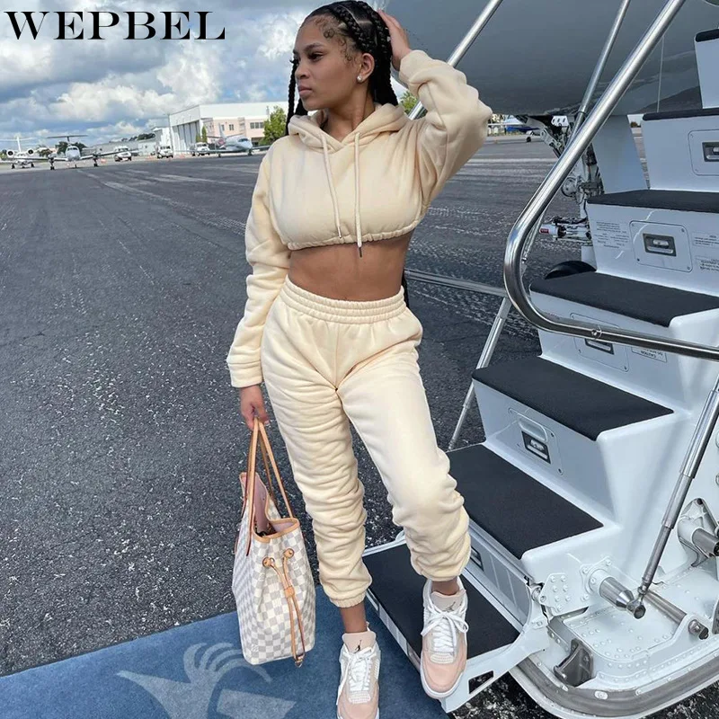 

WEPBEL Women's Sport Tracksuit Ladies Fashion Long Sleeve Hooded Crop Top Sweatshirt + Elastic Waist Pants Two Piece Set
